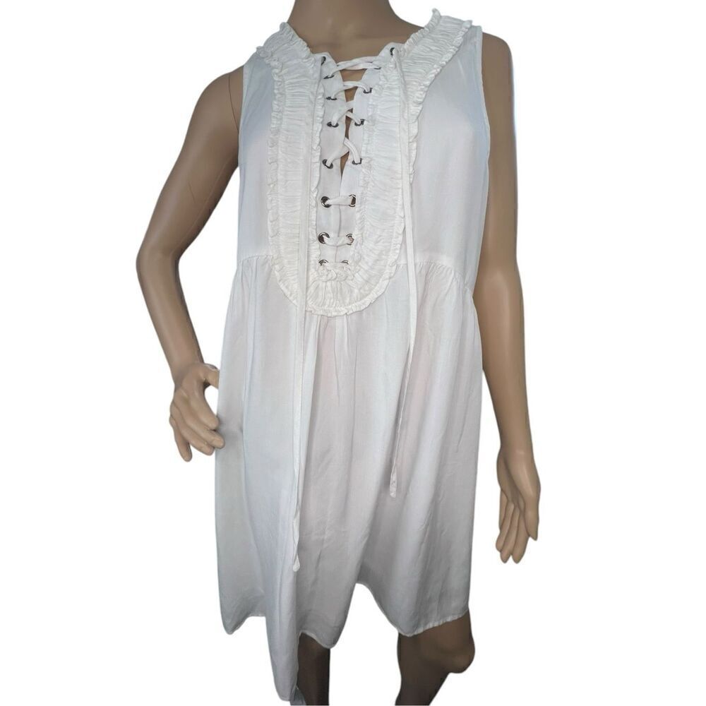 Entro Anthropologie White Flowy Dress With Tie Up Front And Ruffles